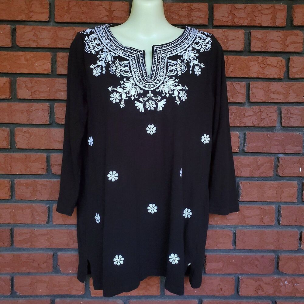 Talbots 100% Cotton Embroidered Tunic Sz M Black 3/4 Sleeve Split Neck Floral